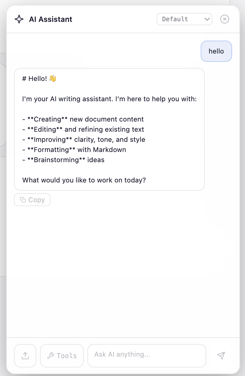 AI writing assistant chat interface with content suggestions