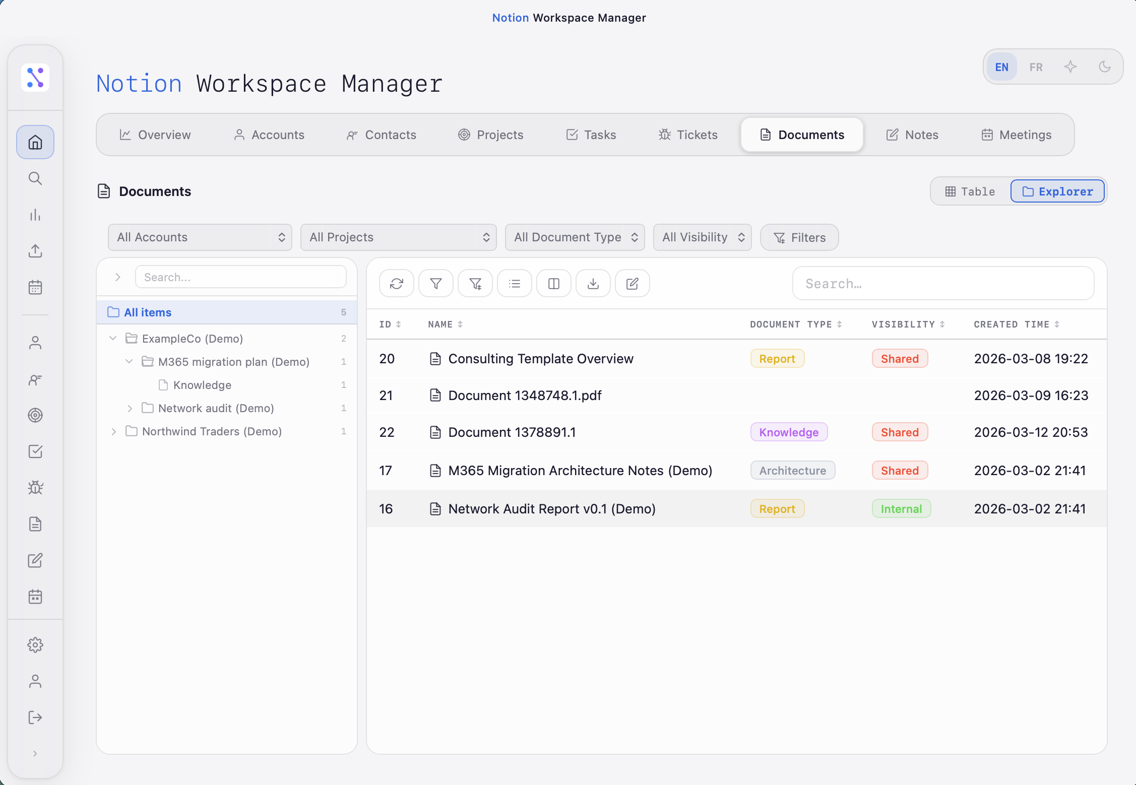 Explorer view with hierarchical tree navigation and data table