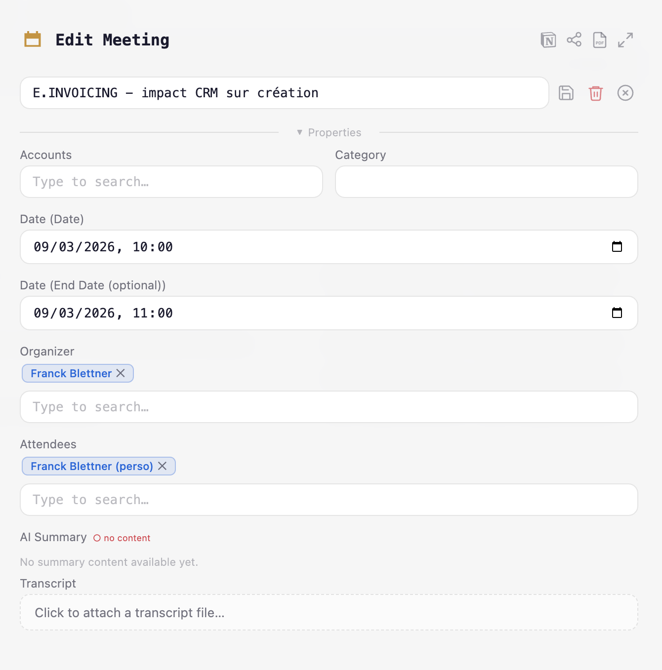 Meeting editing modal with organizer, attendees, and transcript upload