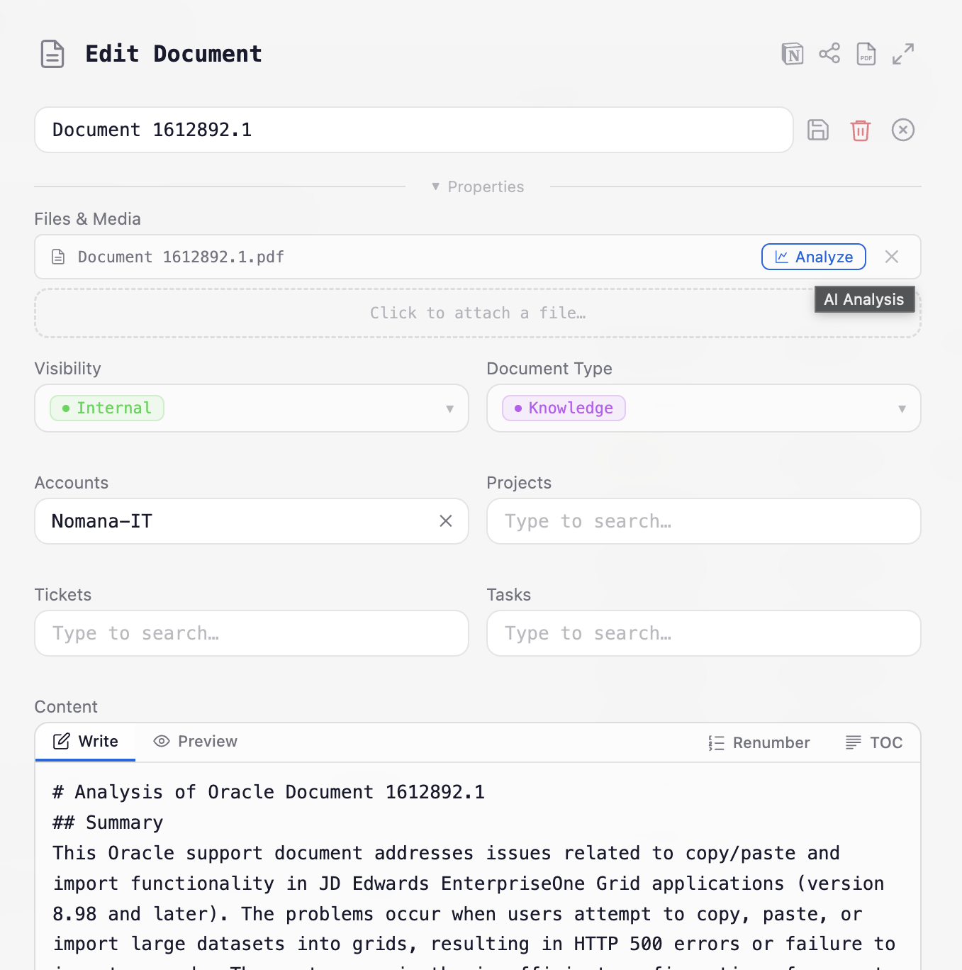 Document editing modal with properties, files, and AI analysis
