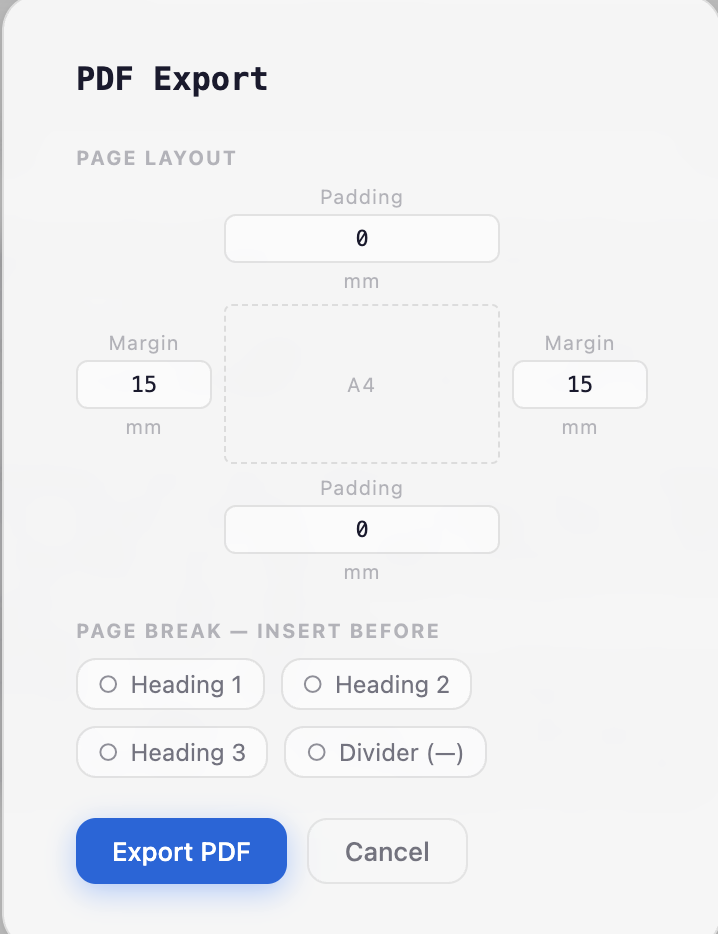 PDF export with page layout and break configuration