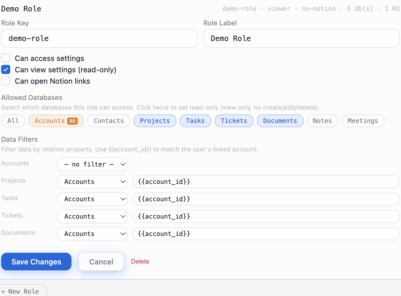 Role configuration with database permissions and data filters