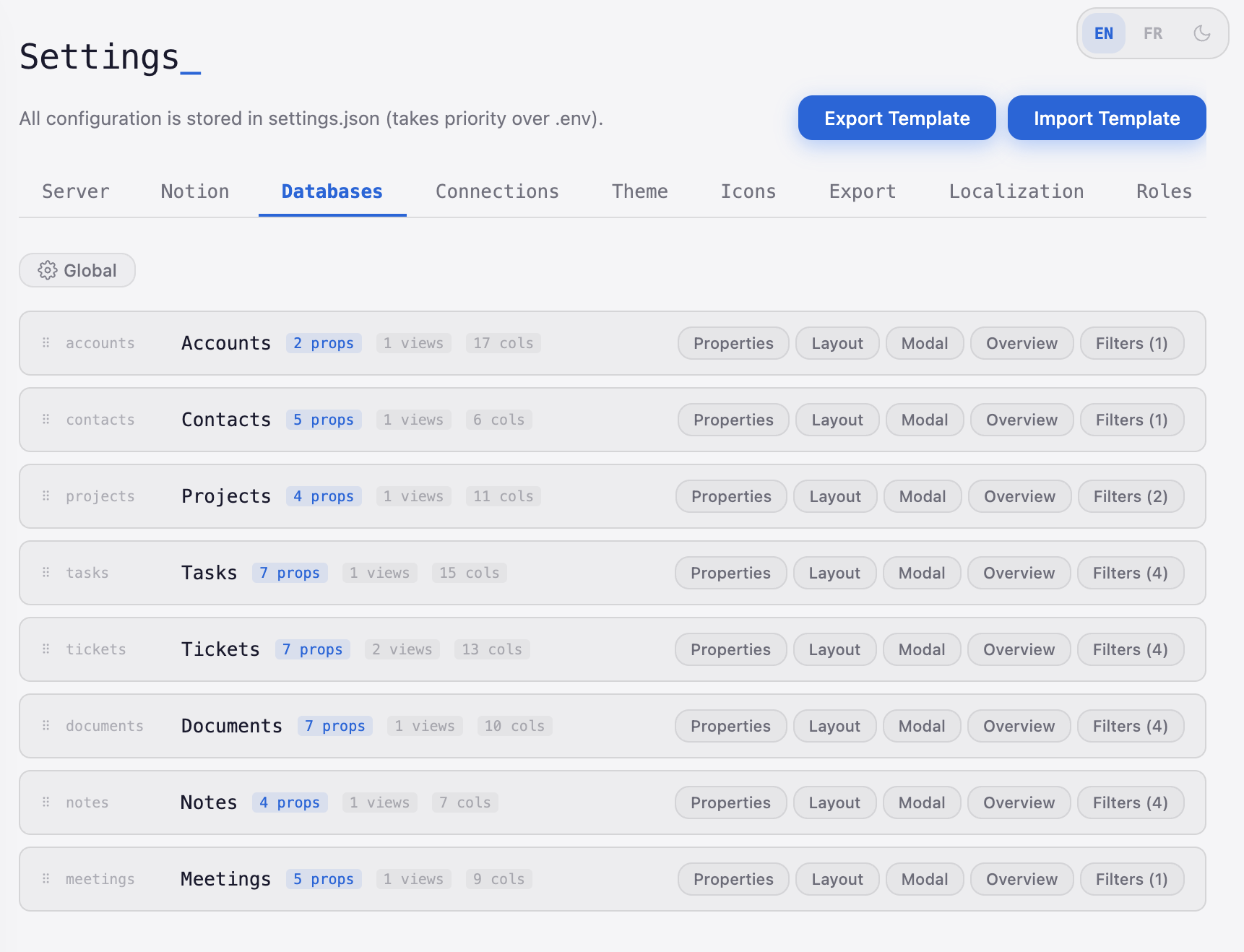 Settings databases tab with all entity configurations