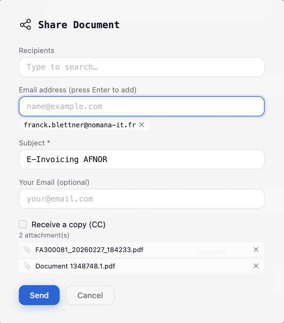 Email sharing dialog with recipients and attachments